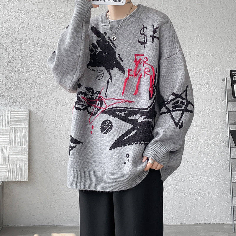 2025 New Autumn and Winter Men's Sweaters American Trendy Brand Letter Jacquard Round Neck Sweaters Fashionable Niche Loose Sweaters