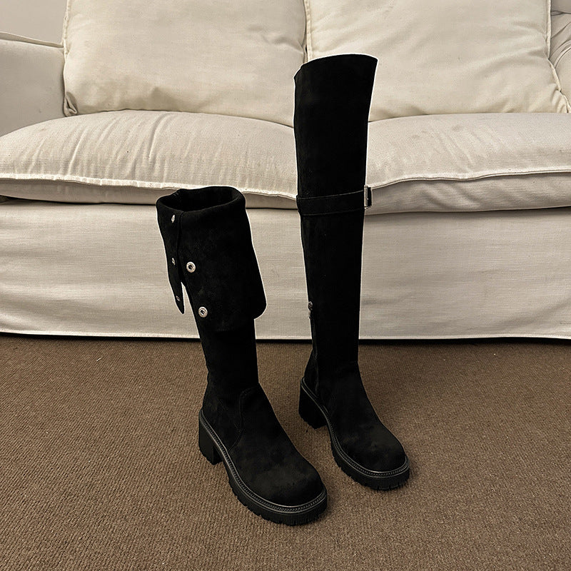 Foldable Over-The-Knee Stretch Boots for Women, New Korean Style Suede Fashionable Elegant Riding Boots with Thick Heels, Fashion Boots Wholesale