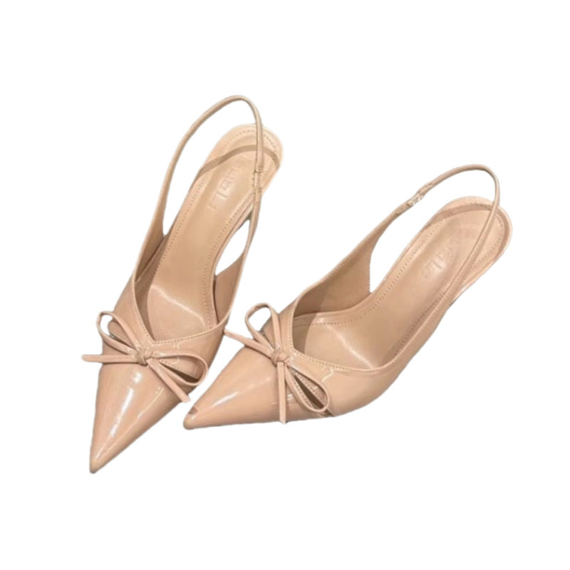 nice with skirt! Gentle Naked Pink Pointed Bow High Heels Women's Niche Patent Leather Rear Stiletto Sandals