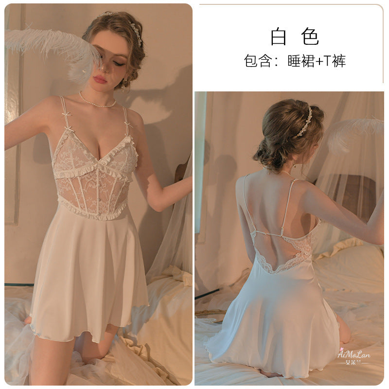 Meishilan Sexy Pajamas Women's Pure Desire Belt Chest Pad Sling Nightgown Summer Ice Silk Spring and Autumn 256
