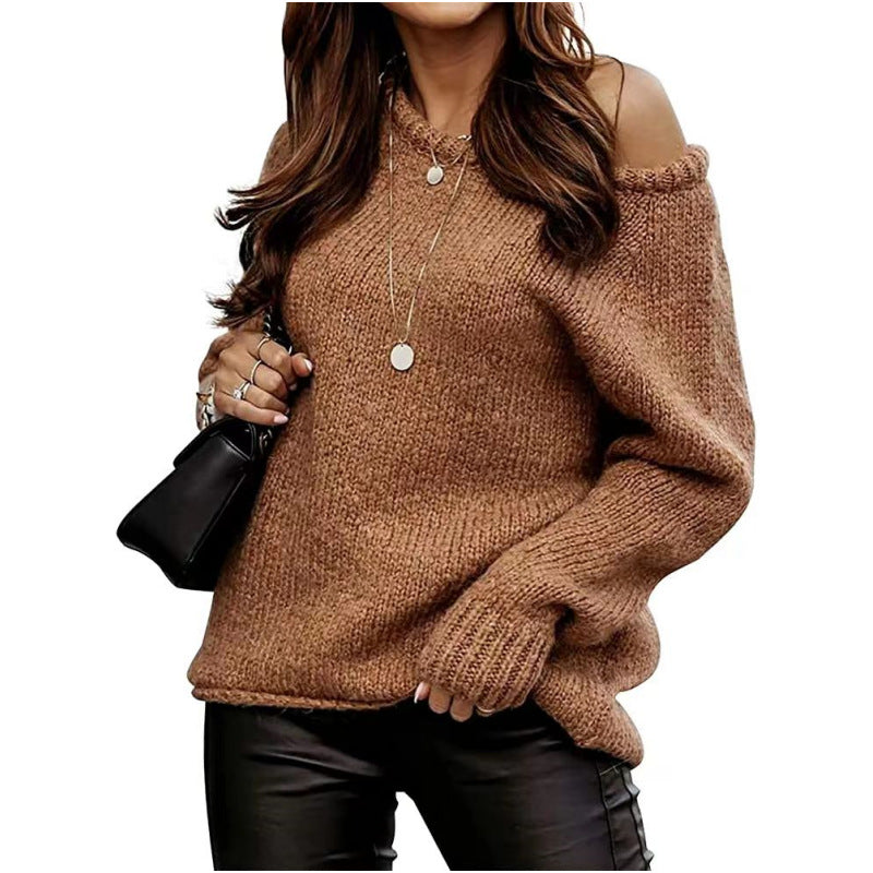 Cross-Border Amazon Autumn and Winter Off-Shoulder Sexy Round Neck Pullover Sweater Solid Color Casual Loose Large Size Sweater for Women