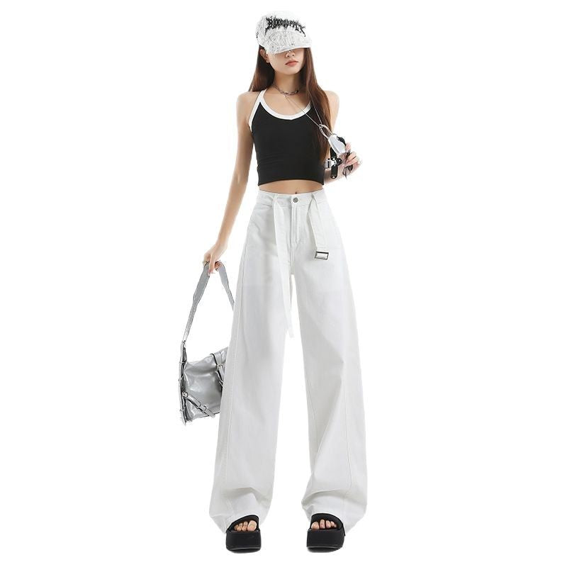 Spring and Autumn Retro High-Waist Belt Design Wide-Leg Pants for Women New Loose Slimming Versatile Drapey Floor-Length Jeans for Women