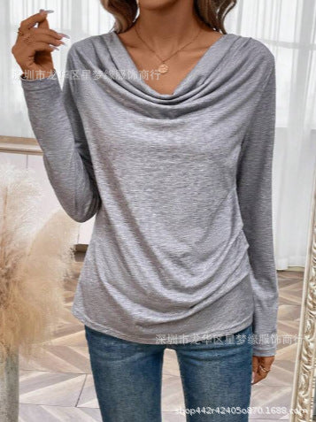 2023 New Women's Long-Sleeved Tops, Solid Color Draped Collar T-Shirts, Loose, Casual, Stylish, Versatile