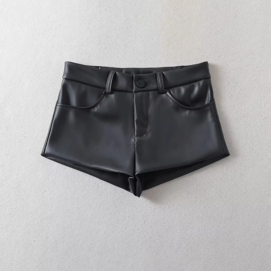 Hot girl sexy low waist black ultra short leather pants for women 2023 Autumn New slim slimming sheath PU leather hot pants wholesale