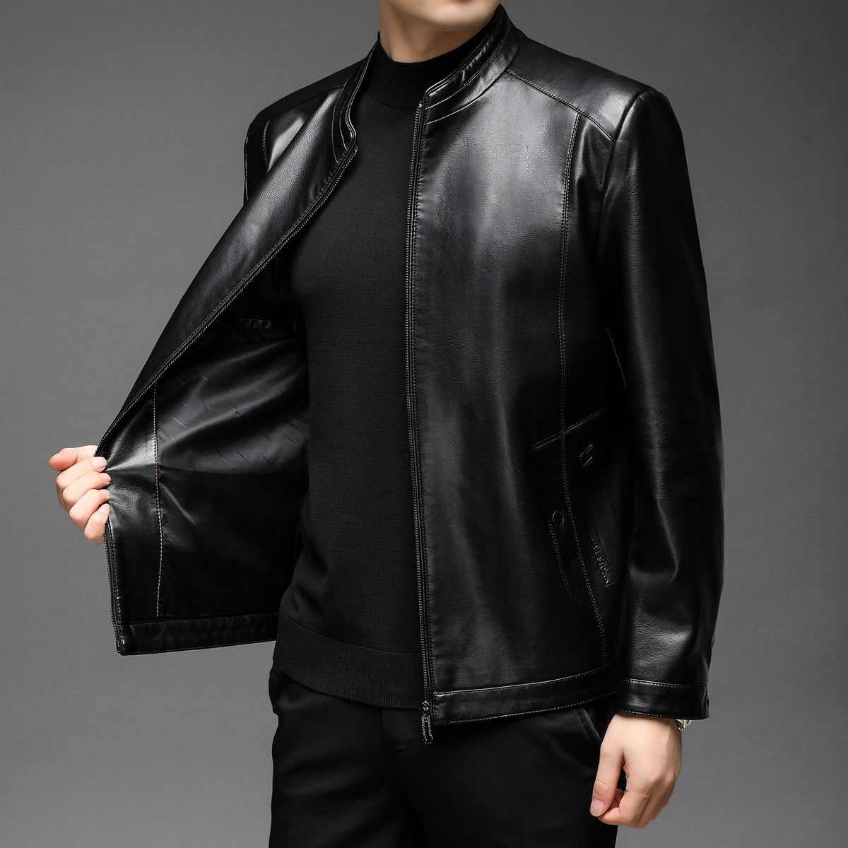 Men's Leather Jacket, Autumn and Winter, Middle-Aged Business Style, Stand-Up Collar, Fleece-Lined, Casual Men's Leather Coat, Mid-Length