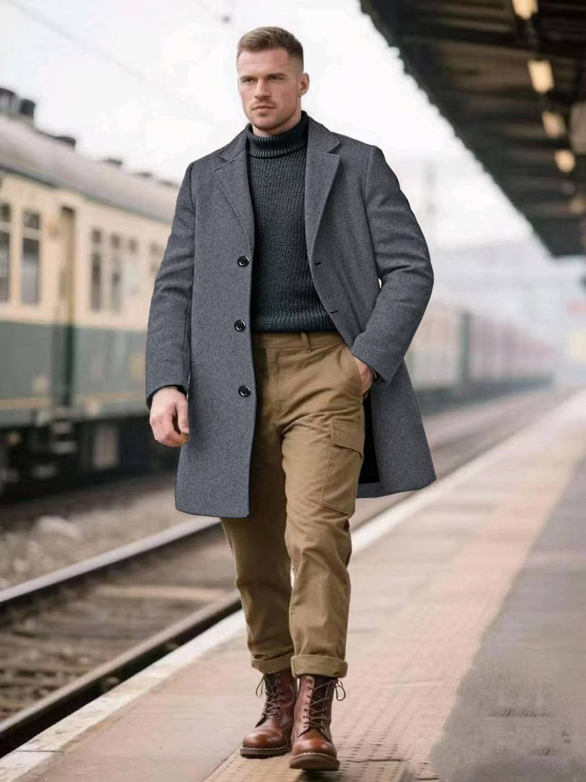 Cross-Border European Sizes Exclusively for European and American Hot-Selling Spring and Autumn Men's Lapel Slim Simple Solid Color Elegant Trench Coat