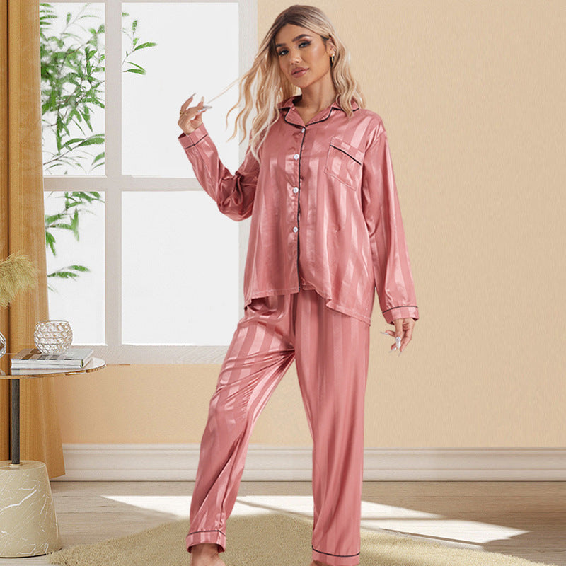 Ladypajamas Export Large Size Imitation Silk Thick Striped Long Pants Long-Sleeved Home Wear Pajamas Set Breathable