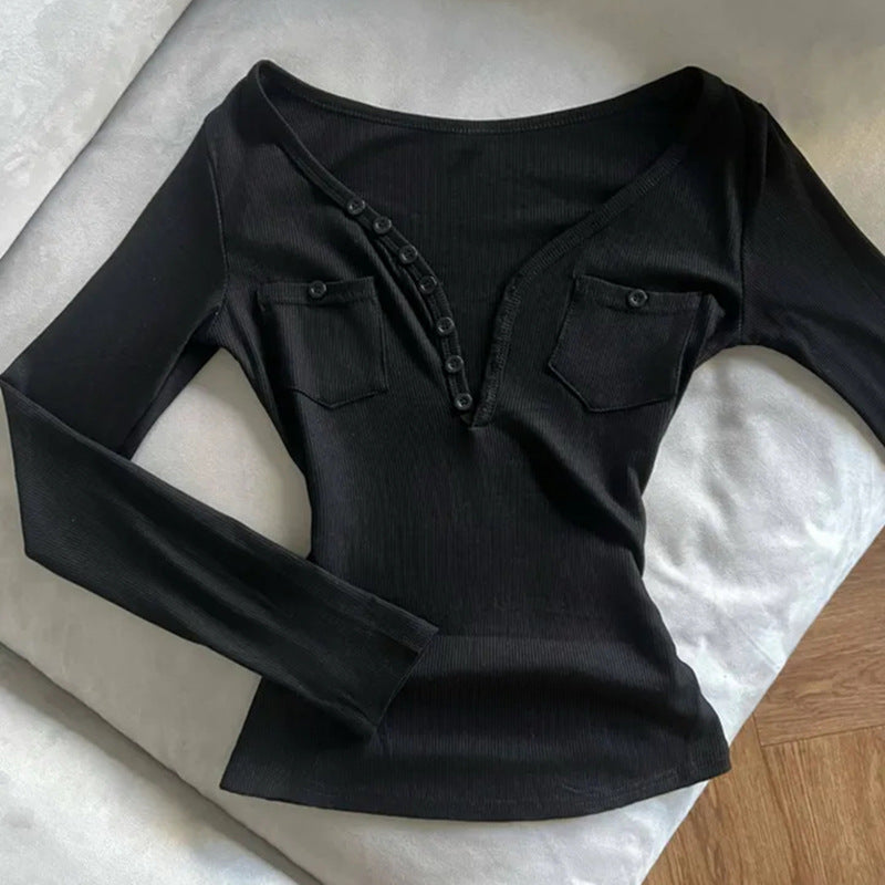 Elegant Single-Breasted V-Waist Slimming Look Threaded Versatile Long-Sleeved T-Shirt Tops for Women