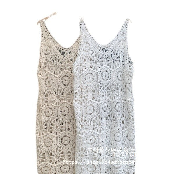 2025 Hollow Blouse Knitted Sling dress Women's Summer Loose Overlay Blouse Seaside Vacation Sleeveless Vacation Skirt