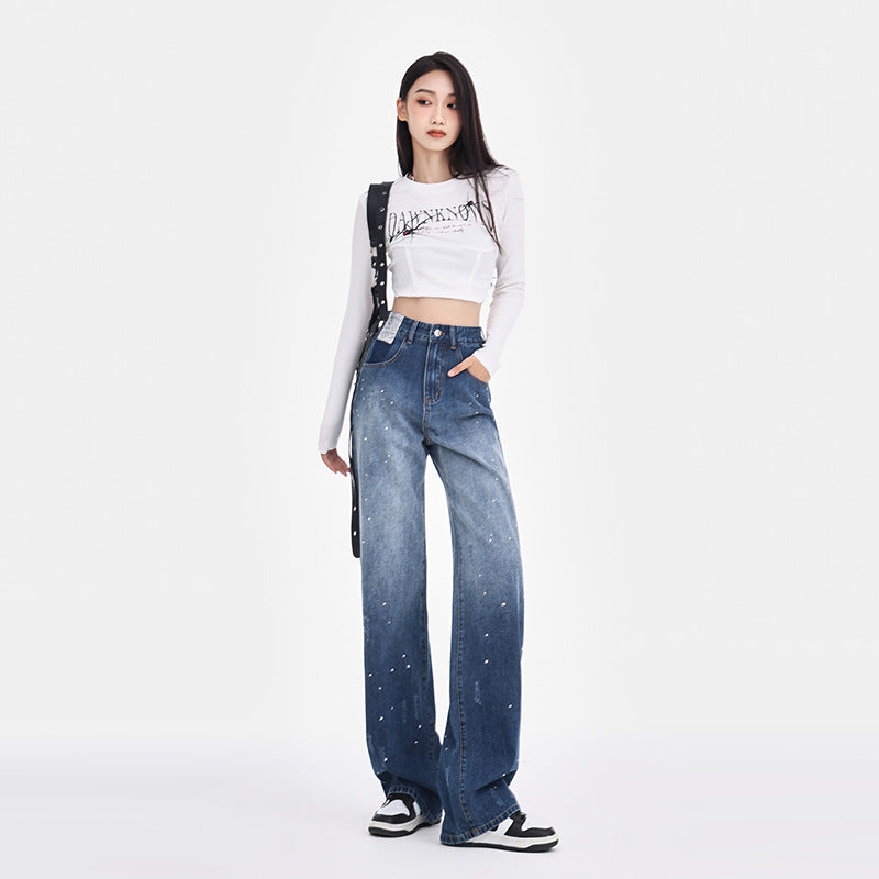 High-Waisted Wide-Leg Jeans for Women, Spring 2026 New Style, Rhinestone Embellished, Unique Design, Drapey High-Waisted Loose Straight-Leg Pants