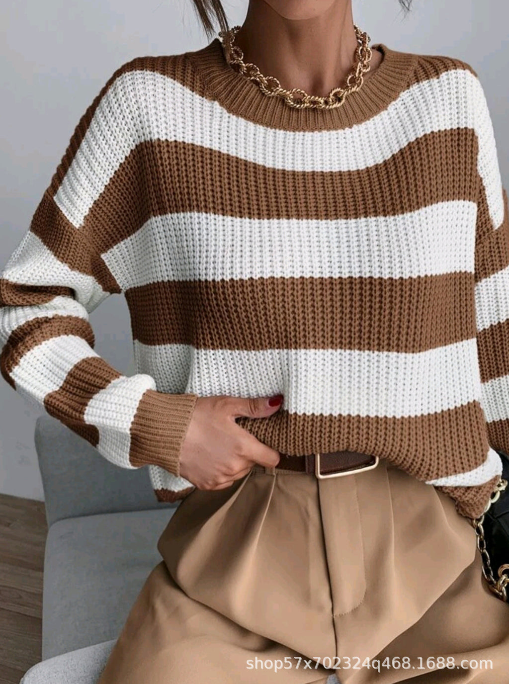 European and American Cross-Border Autumn and Winter New Striped Loose Sweater Women's Long-Sleeved Knitwear