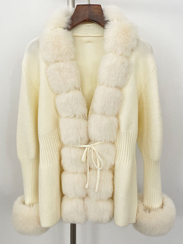 Women's Knitted Sweater 25 Spring Knitted Cardigan Imitation Fox Fur Coat Women's New Style Short Sweater Women