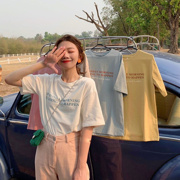 Korean Letter Printed Loose Short-Sleeved T-Shirt for Women Summer Casual Tops Student Couple Wear Bottoming Shirt Women's Clothing Trbottomy