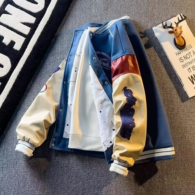 Spring 2024 New stitching woolen coat men's spring and autumn Korean fashion baseball uniform embroidered retro patchwork jacket