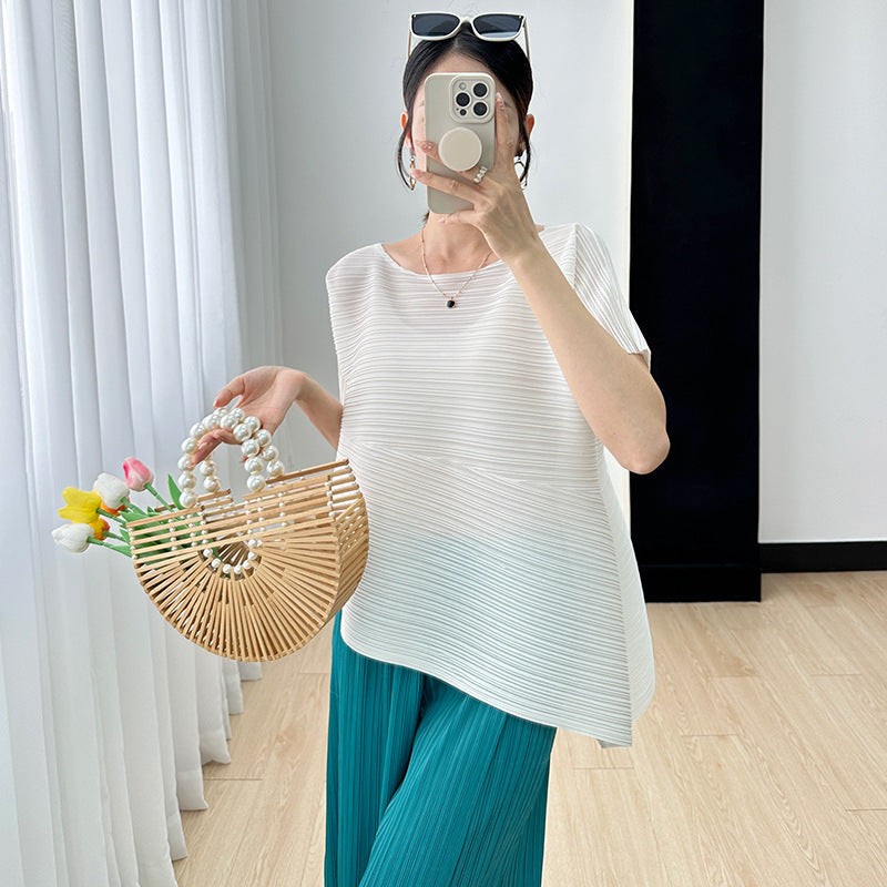 Foreign trade sanzhai top for women 2023 new loose slimming irregular versatile high-grade pleated t-shirt for women