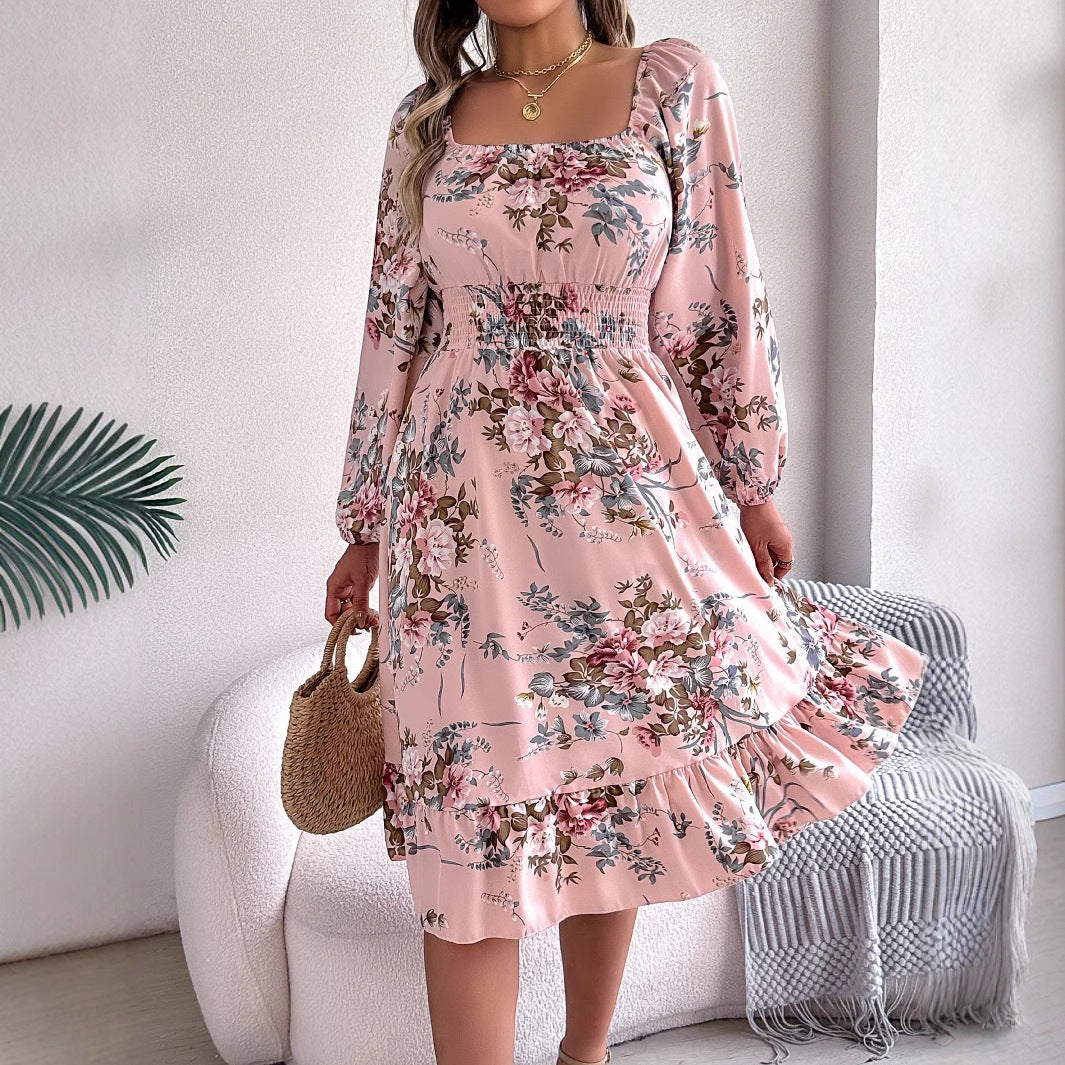 Real shot spring and summer European and American elegant flower square collar long sleeve waist ruffled A- line skirt independent station cross-border women's clothing