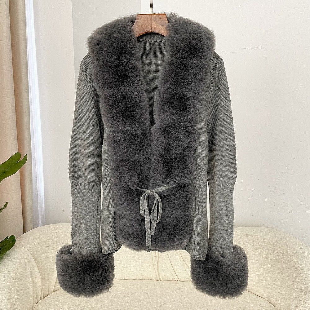Women's Knitted Sweater 25 Spring Knitted Cardigan Imitation Fox Fur Coat Women's New Style Short Sweater Women
