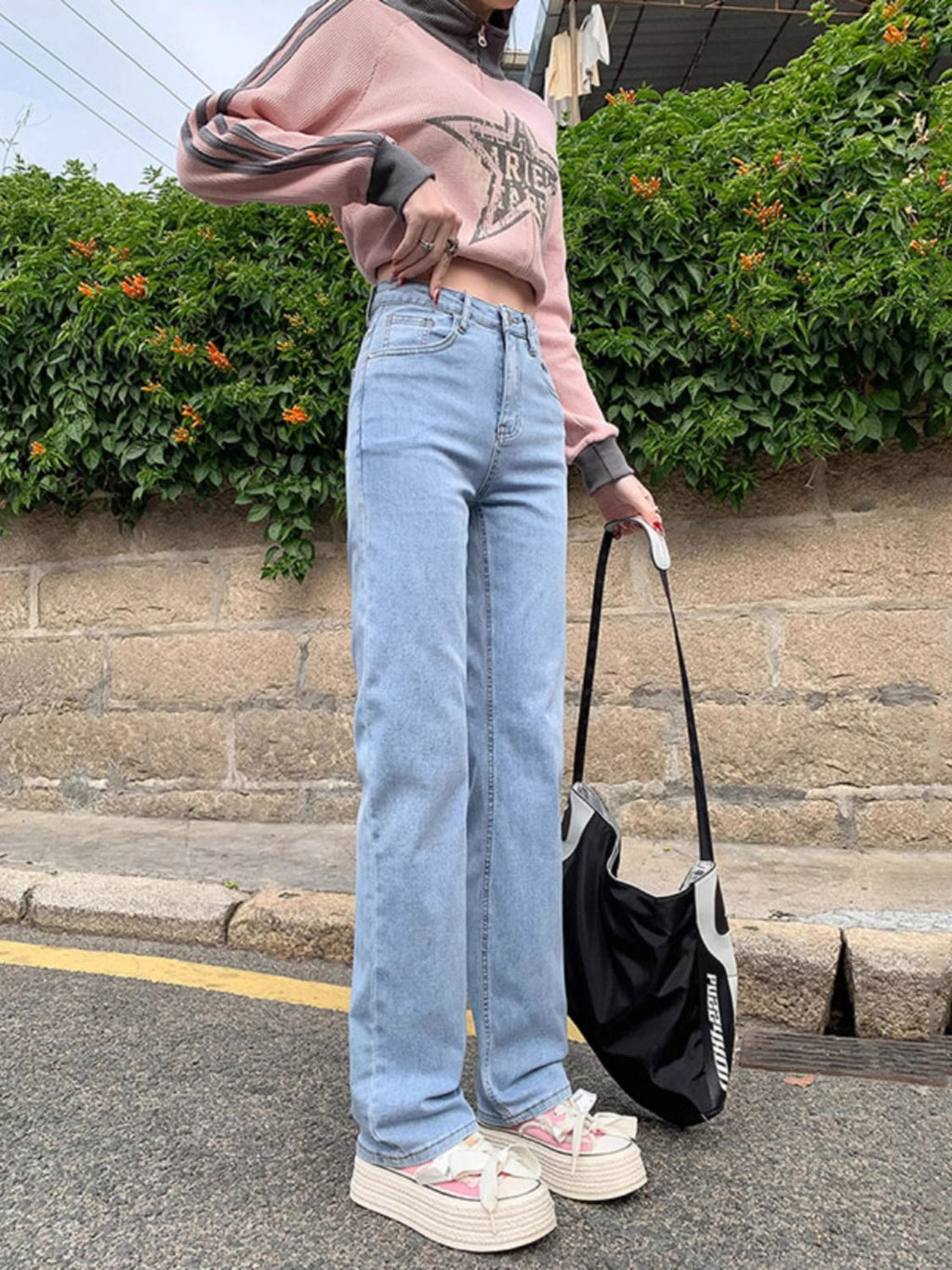 Light Blue Straight Jeans for Women Spring New Loose Pants Elastic Waist Casual American High Street Wide Leg Pants