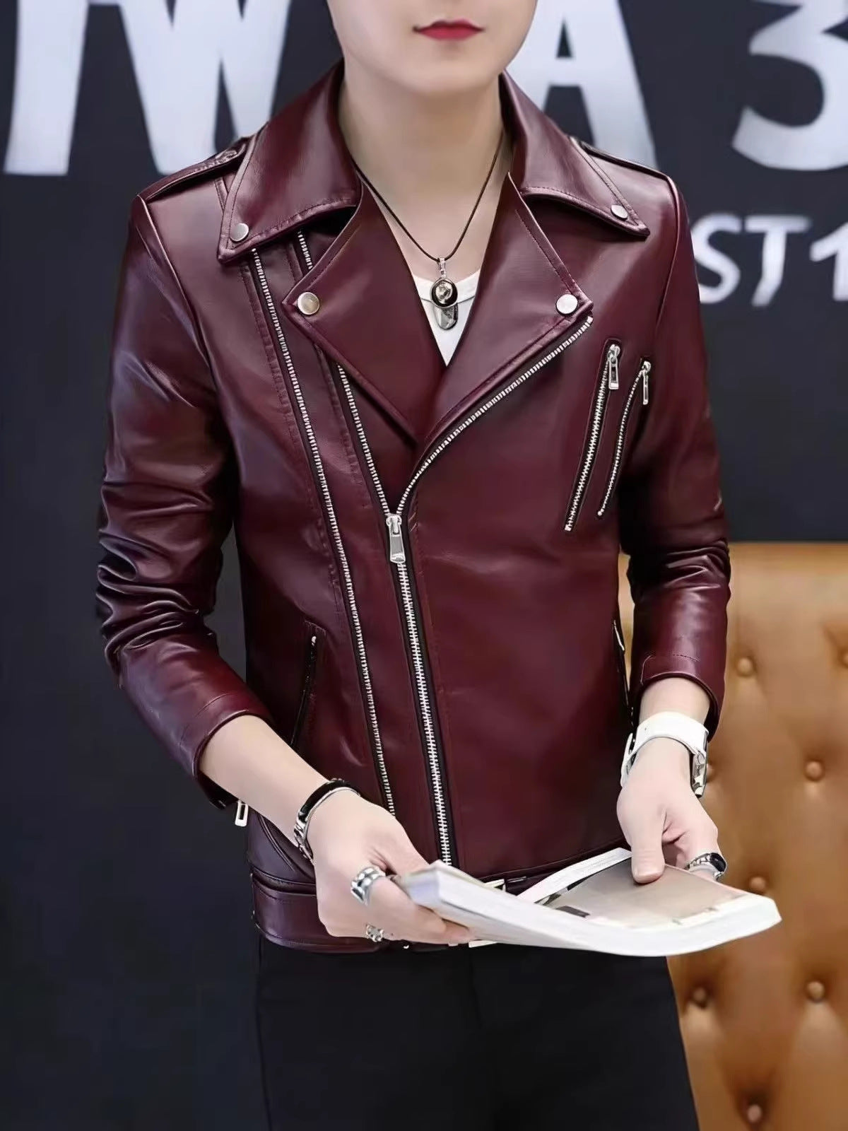 Men's Leather Jacket for Spring and Autumn Korean Style Fashionable Duffian Handsome New White Leather Jacket Men's 2025 Spring Clothes Trendy
