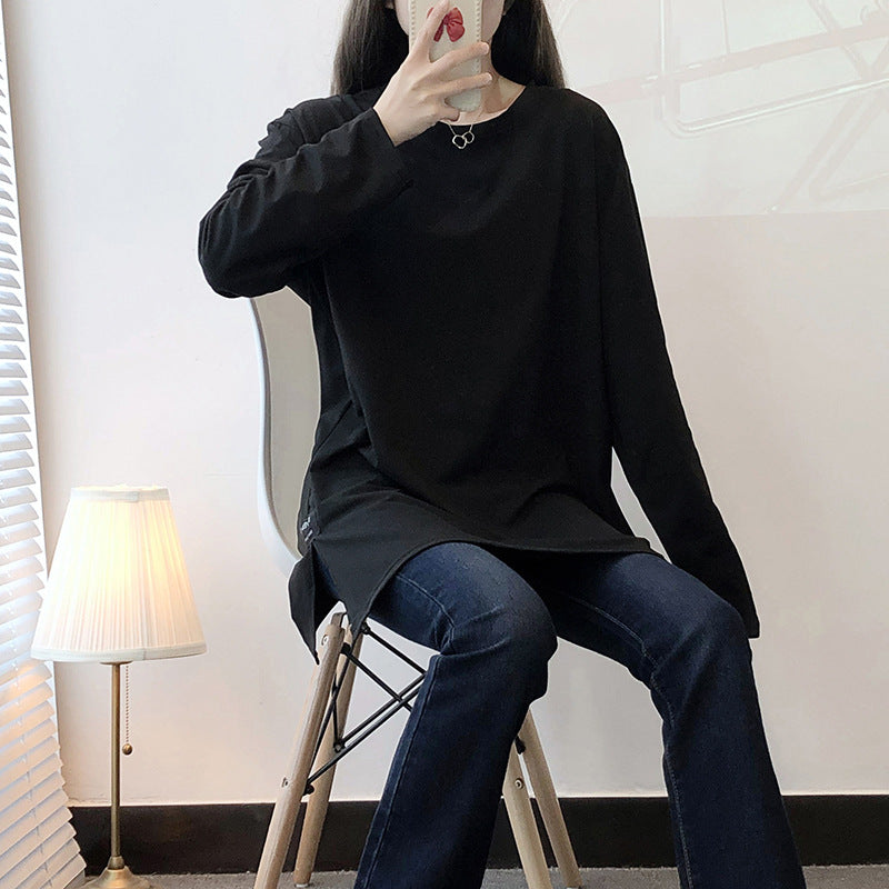 150kg Women's Spring Round Neck Mid-Length Slit Long Sleeve T-Shirt for Women 120kg Plus Size Loose Slimming Base Shirt