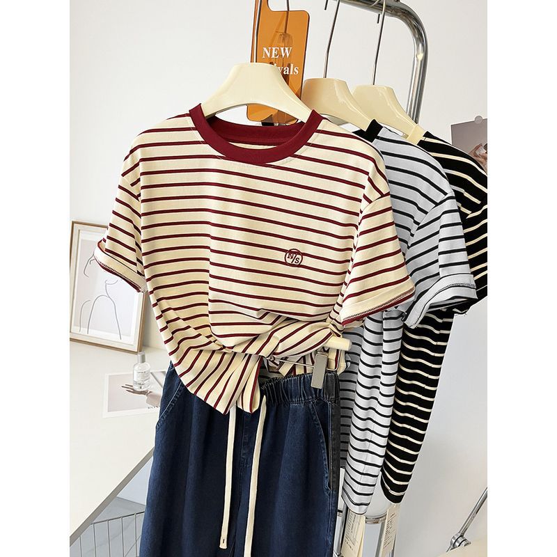 Summer New Korean Style Pure Cotton Loose Embroidered Striped Short-Sleeve T-Shirt for Women, Fashionable Color-Blocking Pullover Versatile Top