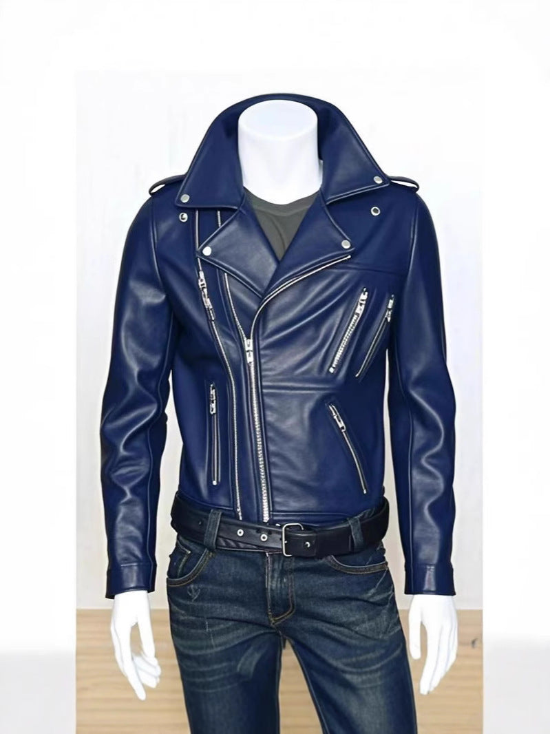 Autumn and Winter Leather Men's New Leather Jacket Coat Men's Korean Style Vertical Collar Slim Fit PU Leather Top Trendy Men's Coat