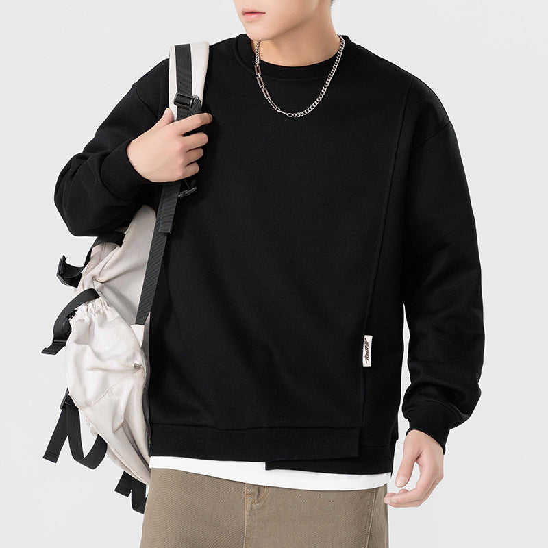 Light Mature Style Simple Men's Clothing Spring and Autumn New Heavy-weight Sweaters Men's New Fashionable Brand Fake Two-piece Solid Color Top for Men