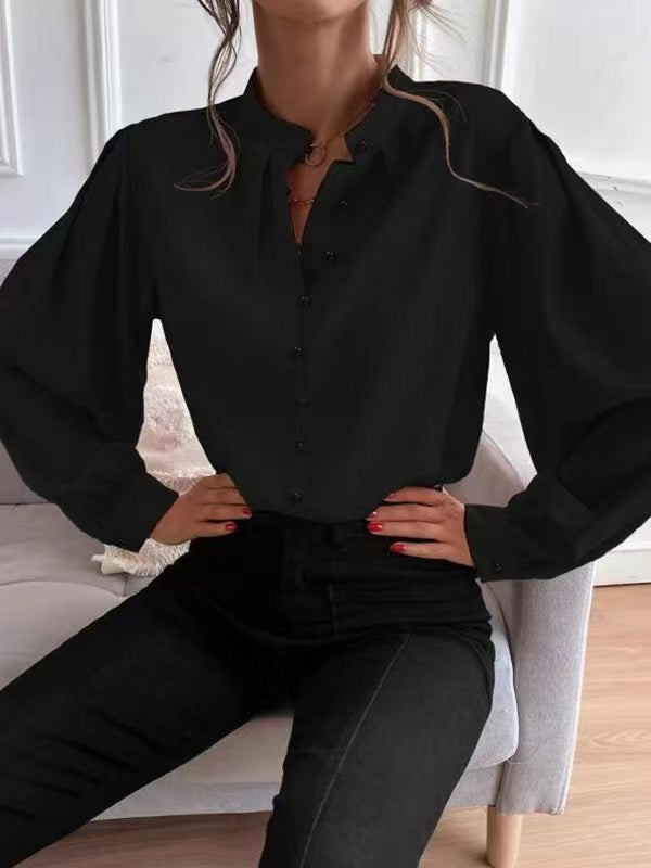 Women's Shirts 2024 Spring Amazon Foreign Trade New Elegant Solid Color Lapel Long Sleeve Single Row Button Loose Tops for Women