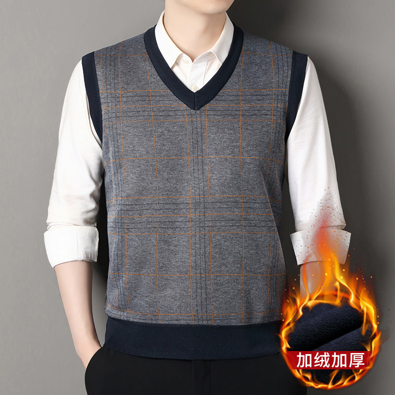 Autumn and Winter New Men's Knitted Inner Sweaters for Middle-Aged and Elderly People Fleece-Lined to Heattech Dad's Vests and Vests