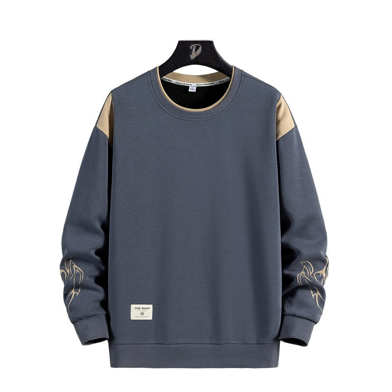 Spring and Autumn New Double Fake Two-piece Cotton Crewneck Sweaters Men's Street Fashion Long Sleeve Sweaters Cross-border Foreign Trade