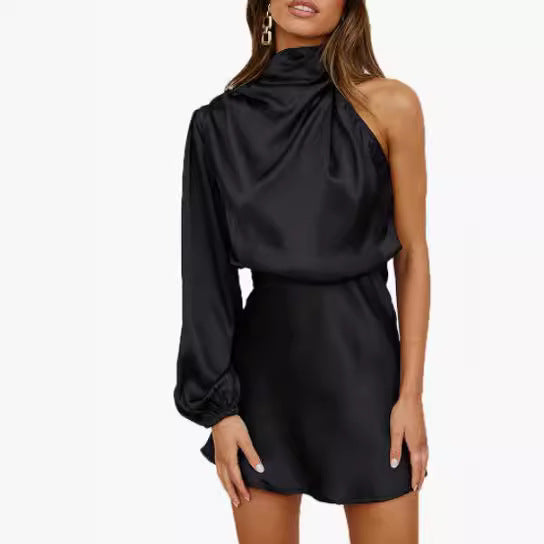 Spring Women's Satin Shoulder Long Sleeve Mini Skirt Silk Long Sleeve Crewneck Cocktail Skirt