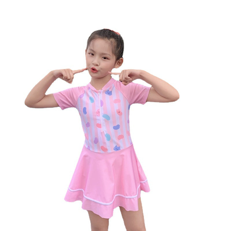 Children's Swimsuit for Girls, One-Piece Skirt-Style Swimwear for Older Children, Student Girls' Hot Spring Swimsuit, Floral Little Princess