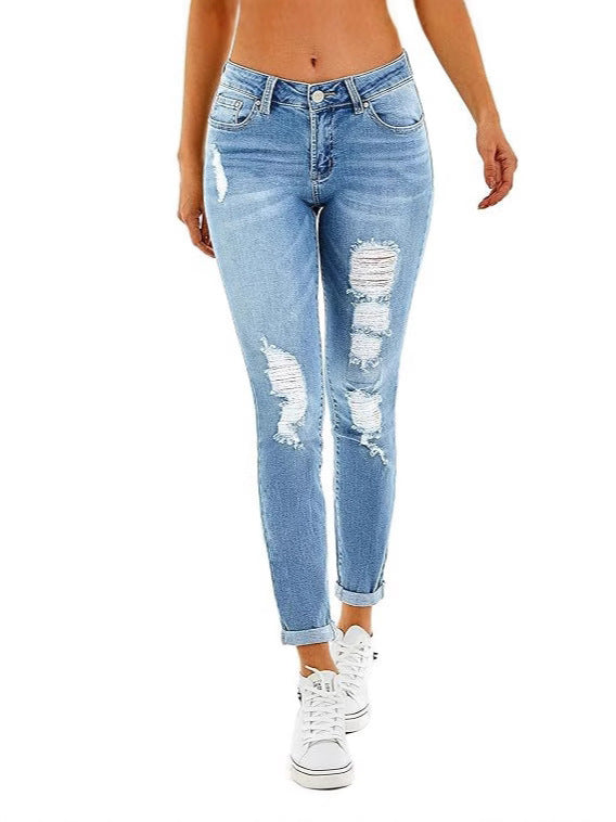 2025 Amazon European and American Cross-Border Spring and Summer New Casual Fashion Washed Ripped Mid-Waist Jeans for Women in Stock