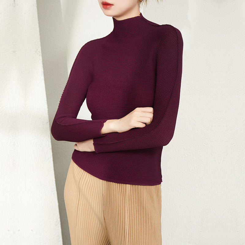Miyake Seamless One-Piece Half Turtleneck Bottoming Shirt for Women Pleated Turtleneck Elegant Slim Slim Long-Sleeved T-Shirt for Women Thin Section