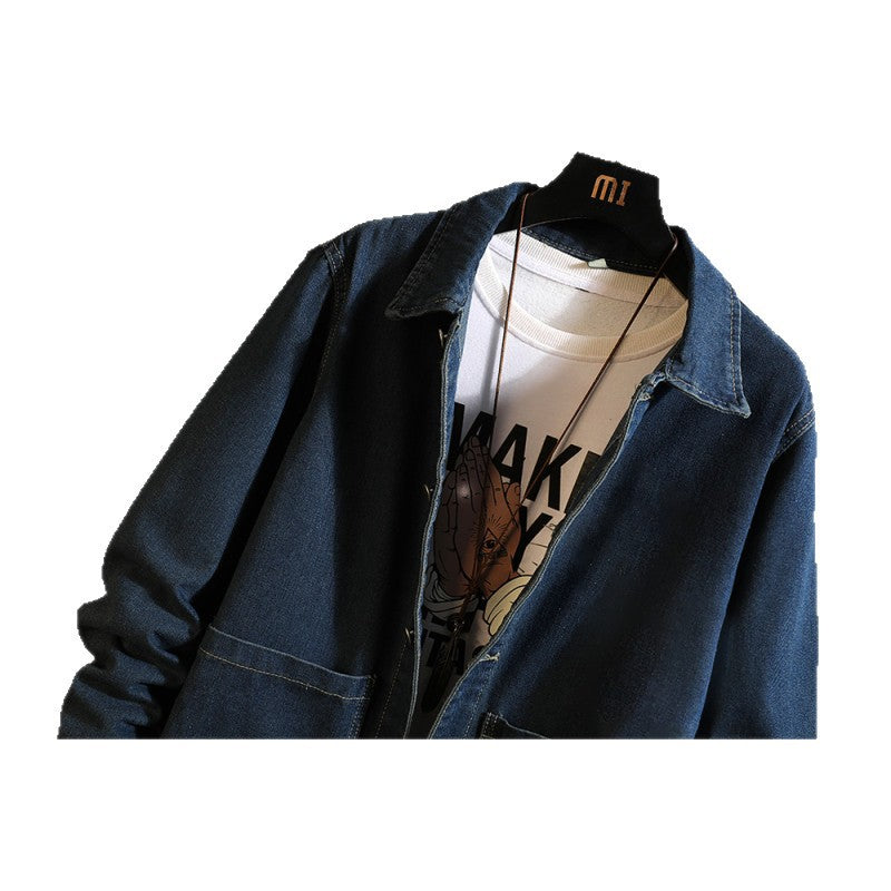 Foreign Trade Cross-Border Plus-Size Men's Mid-Length Denim Jacket Men's Trench Coat with Lapel Spring and Autumn Wholesale Amazon