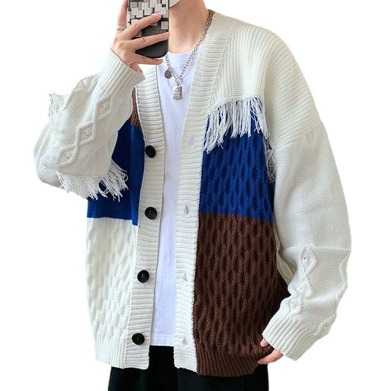 Spliced Personalized Knitted Cardigan Jacket for Men in Autumn and Winter, Trendyy Brand, Loose Sweater for Men, Lazy Style Knitted Sweater