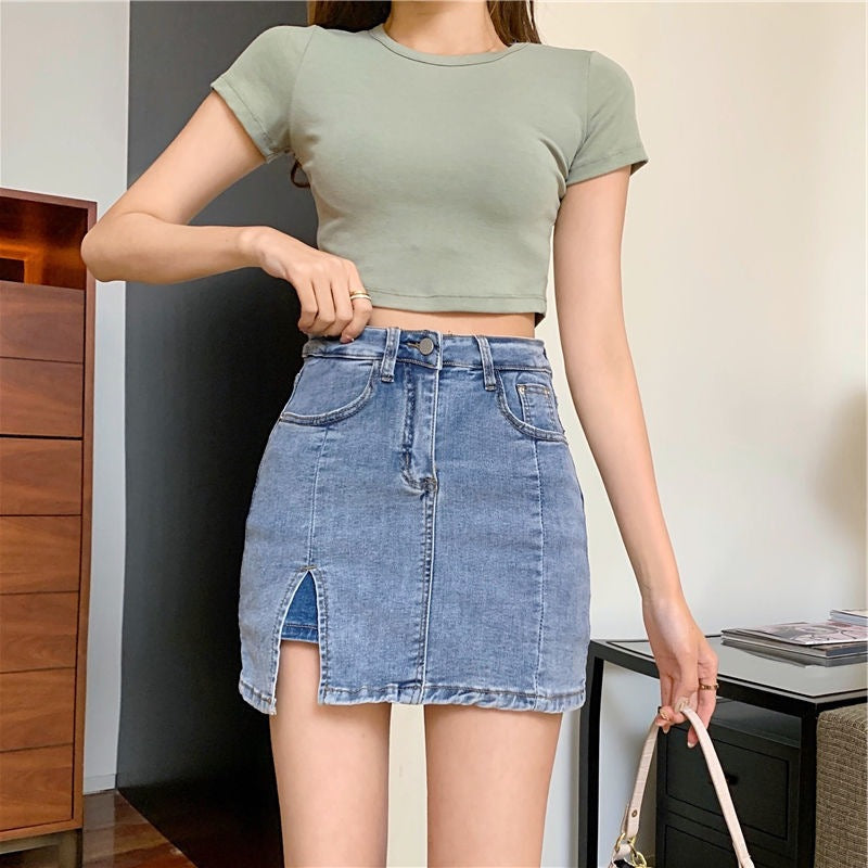 American Hot Girl Summer New Korean Style Slimming Look A-Line Skirt Trendy Anti-Exposure Slit Black Denim Skirt for Women
