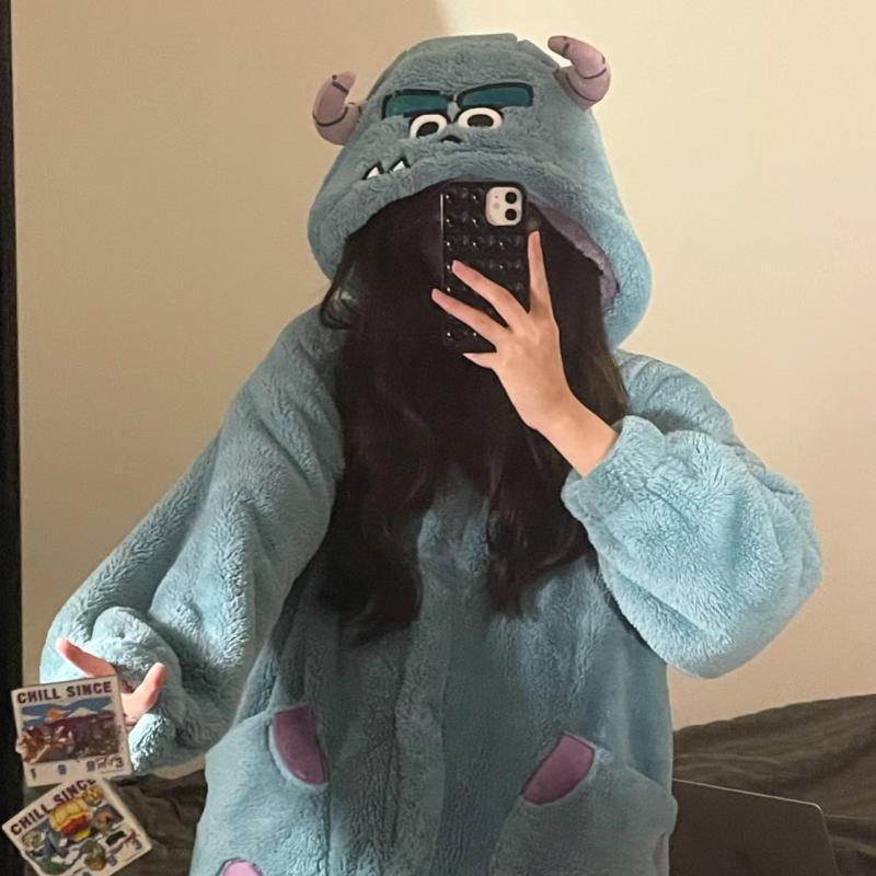 Little Monster Coral Velvet Pajamas Women's Autumn and Winter New Style Velvet Thickened Long Warm Pajamas Winter Outerwear Home Clothes