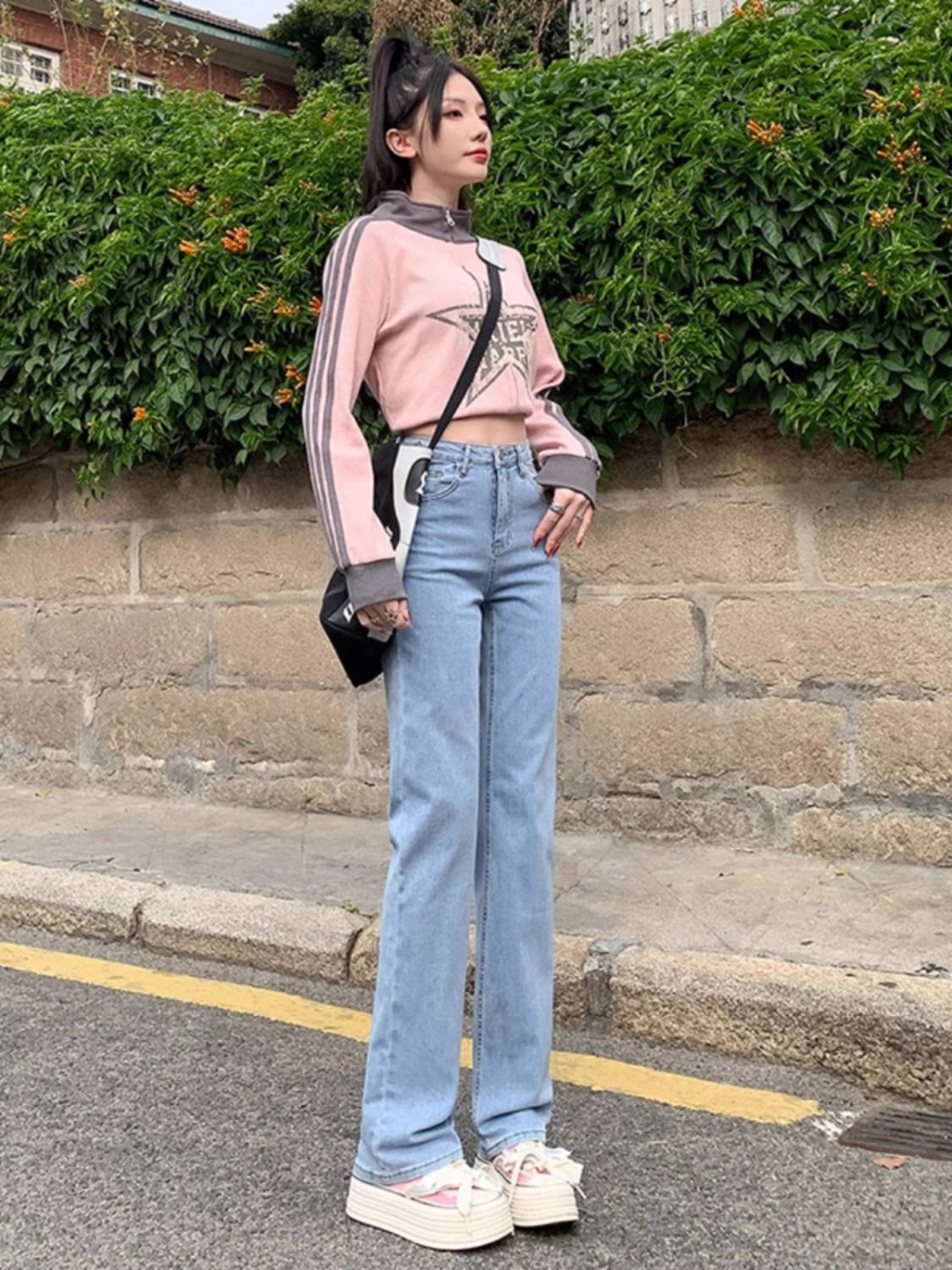 Light Blue Straight Jeans for Women Spring New Loose Pants Elastic Waist Casual American High Street Wide Leg Pants