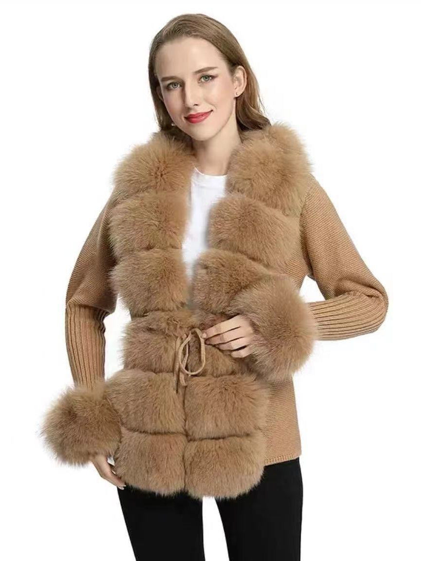Women's Knitted Sweater 25 Spring Knitted Cardigan Imitation Fox Fur Coat Women's New Style Short Sweater Women