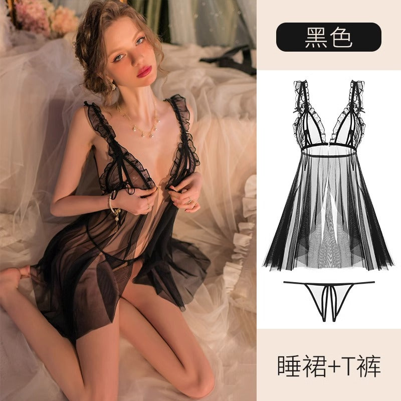 Sexy Pajamas for Women 2024 New Summer High-End Underwear French Pure Lust Style Women's Lace Suspender Nightgown