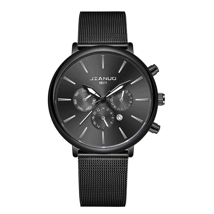 Korean Fashion Men's Mesh Band Watch Fashion Calendar Quartz Watch Business Casual Business Men's Cool Blue Watch