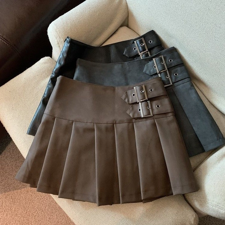 Small Leather Skirt Skirt for Women Spring, Autumn and Winter 2024 New High-Waisted A-Line Black Large Size Pleated Skirt