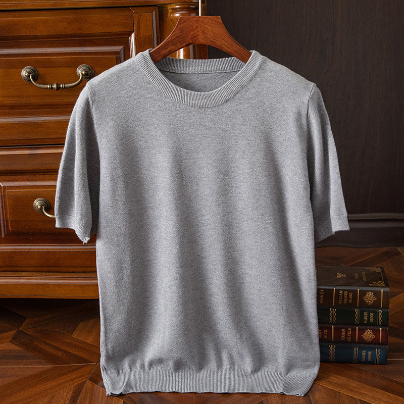 Men's Knitted Short-sleeved Korean Trendy Round Neck Half Sleeve Spring and Autumn Men's Slim-fit Solid Color Short-sleeved Sweater