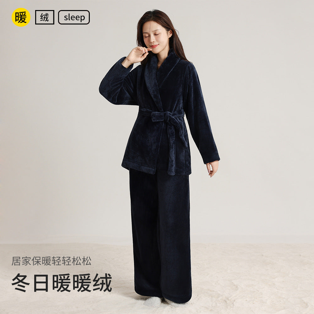 Couple's Autumn and Winter Thickened Pajamas with Green Fruit Collar, Simple and Luxurious Men's and Women's Cardigans, Double-Sided Velvet Warm Home Clothes Two-Piece Set