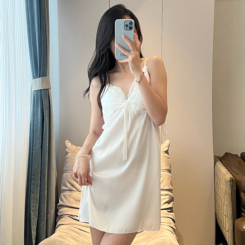Pajamas Women's Summer Ice Silk Pure Sexy Lace Sling Nightgown Nightgown with Chest Pad Thin Home Clothes Two-piece Set
