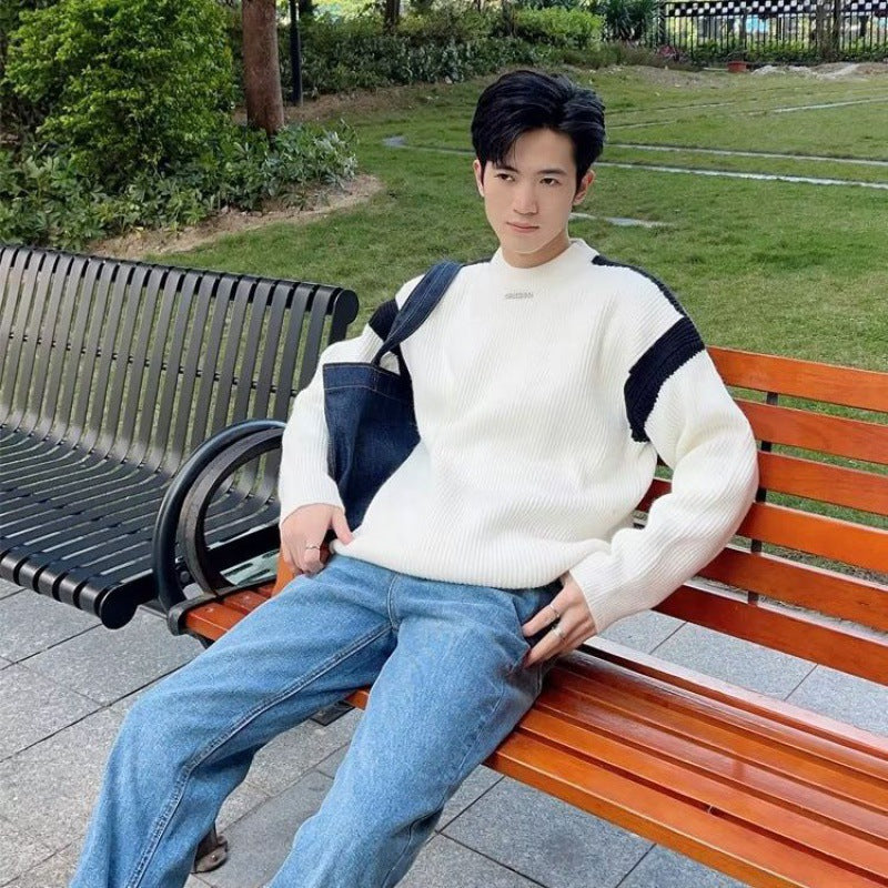 Contrast color sweater men's autumn and winter New round neck long sleeve sweater fashionable inner bottoming sweater fashionable one-piece delivery