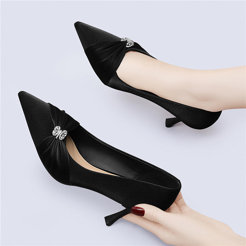 Women's High Heels 2026 New Style Shallow Pointed Toe Professional Shoes Soft Leather Thin Heel Color-Blocking Fashion High Heels