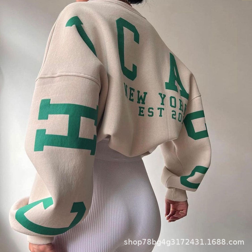 Autumn and Winter New Sweatshirt Women's Clothing Amazon Hot-Selling Loose Top Long-Sleeved Fleece-Lined Color-Blocked Ribbed Sweatshirt for Women