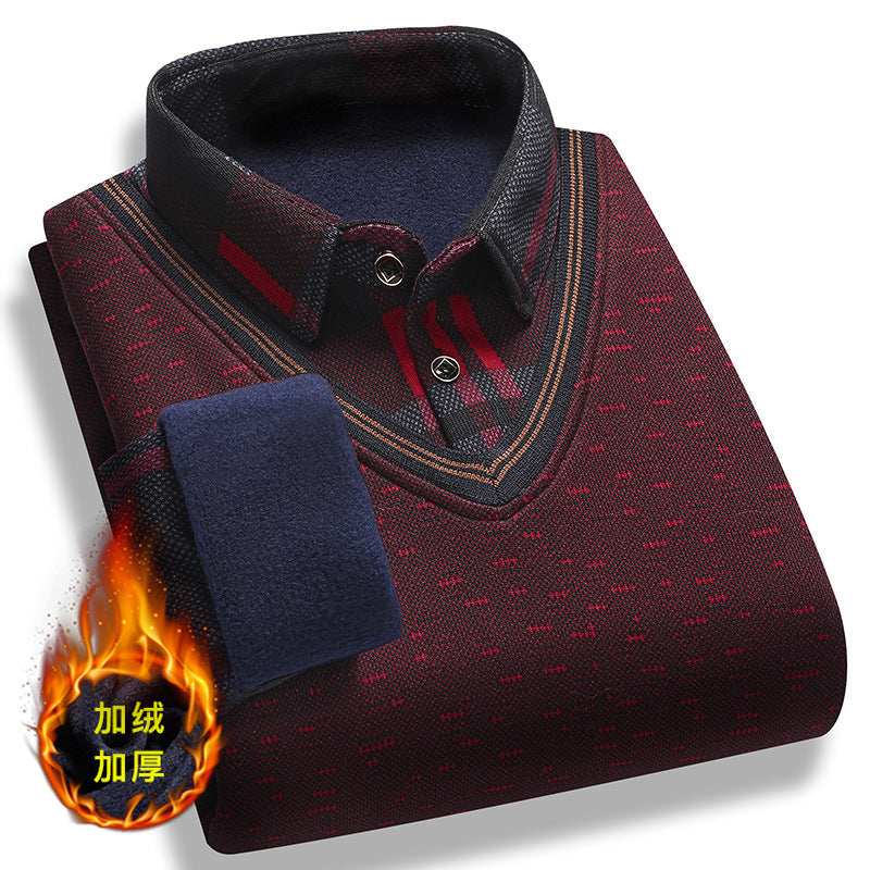 Autumn and Winter middle-aged and elderly fake two-piece sweater men's dad wear fleece-lined thickened slim shirt collar warm sweater